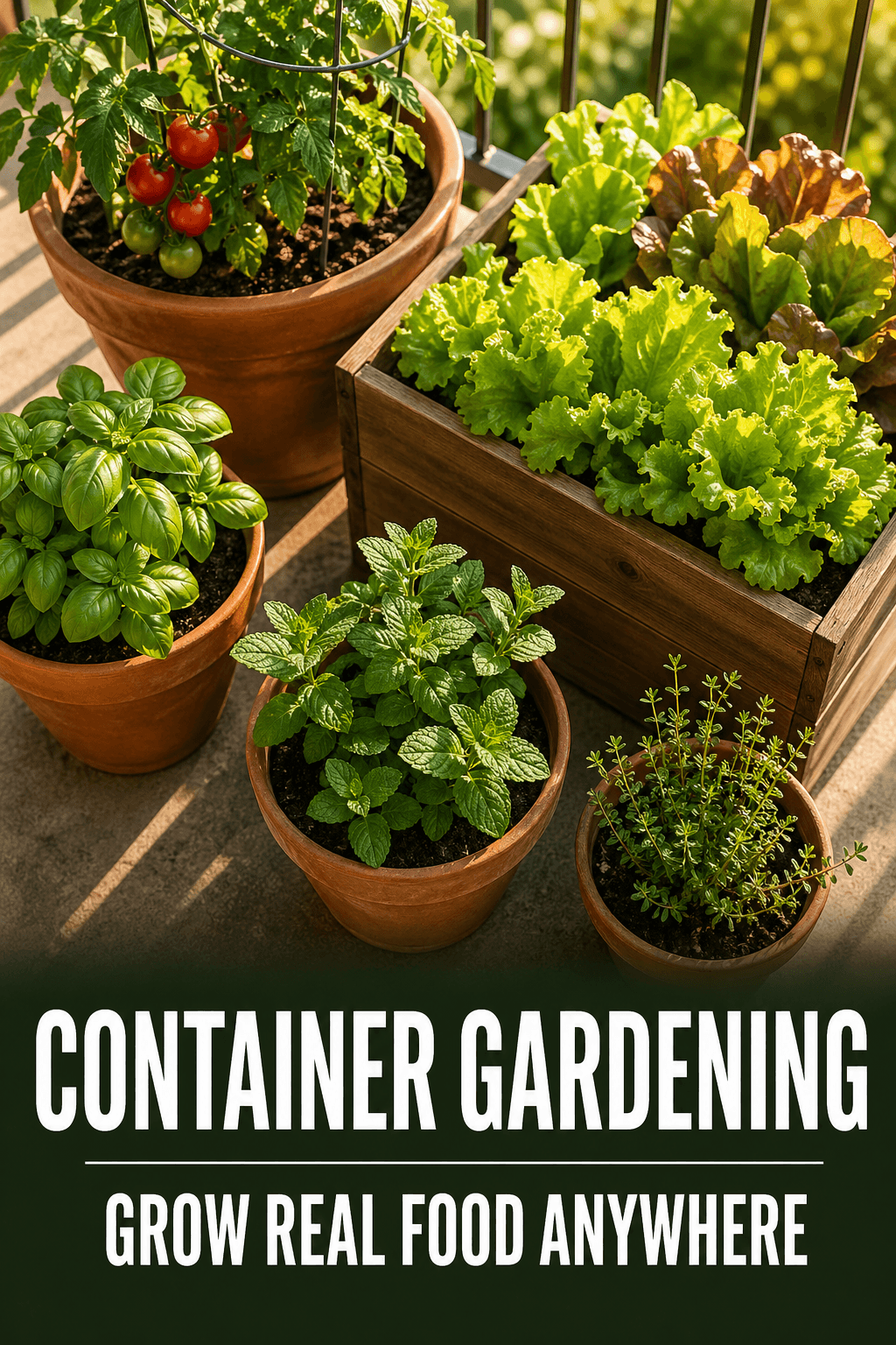 Container garden on a sunny patio with tomatoes basil mint and lettuce in terracotta pots and a wooden planter box
