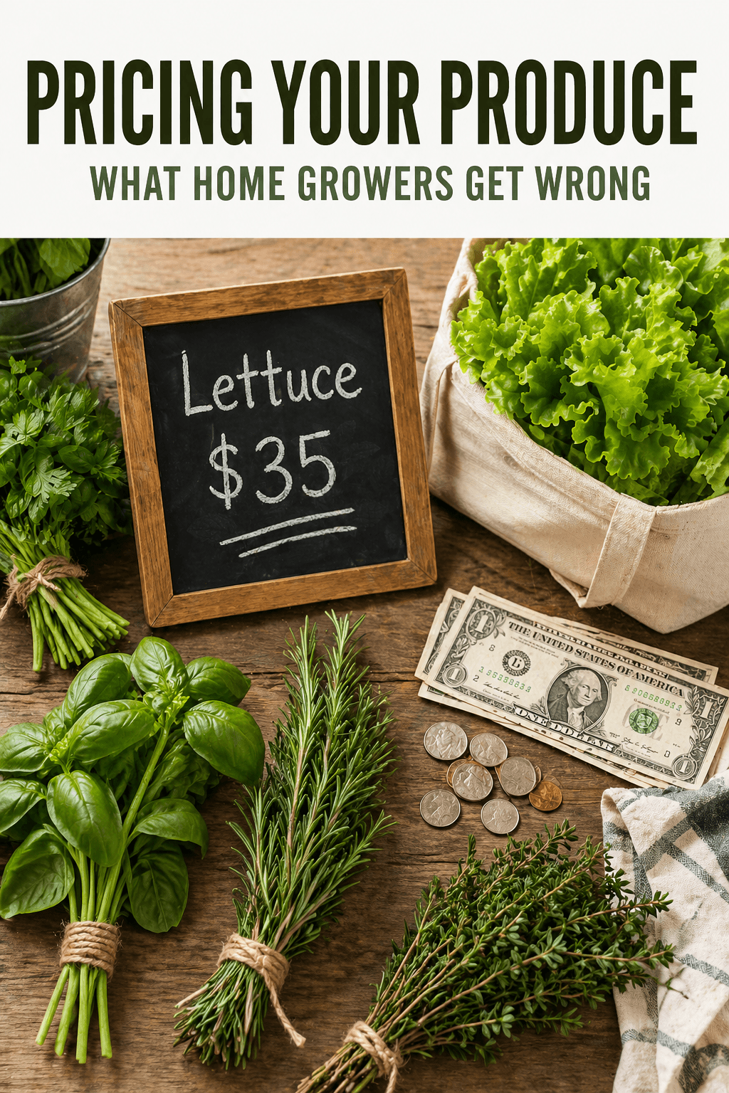 Flat lay of fresh herbs and lettuce with a chalkboard price sign showing Lettuce $35 and cash on a wooden surface