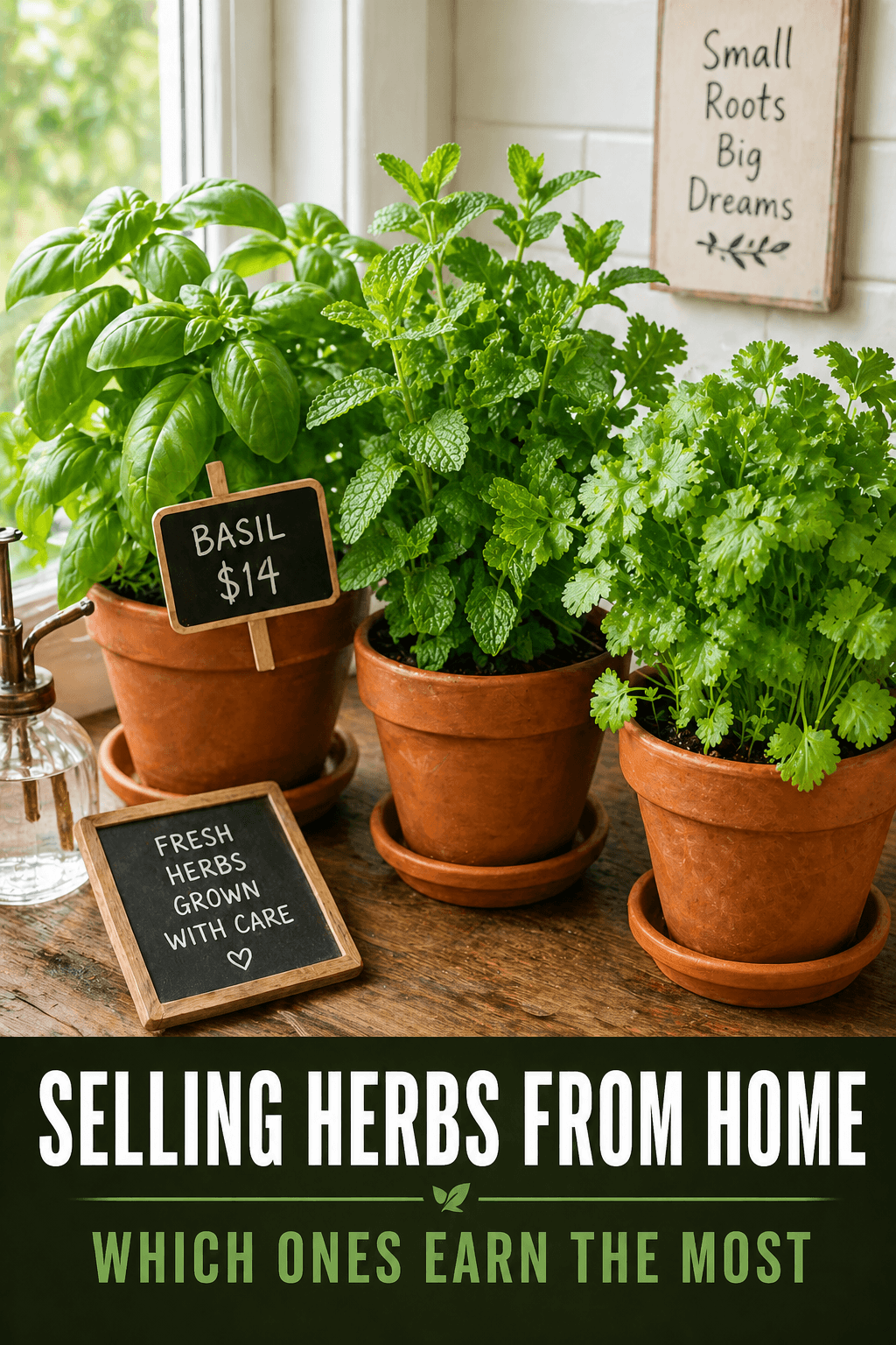 Three lush herb plants in terracotta pots on a kitchen windowsill with a chalkboard price tag showing Basil $14