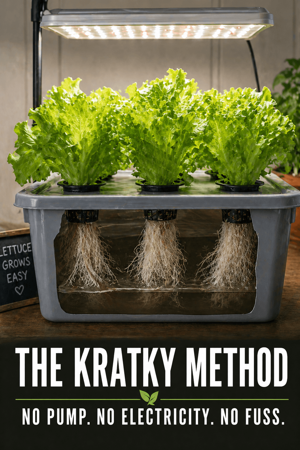 Kratky hydroponic tote with large lettuce plants and white roots visible through clear container under LED grow light