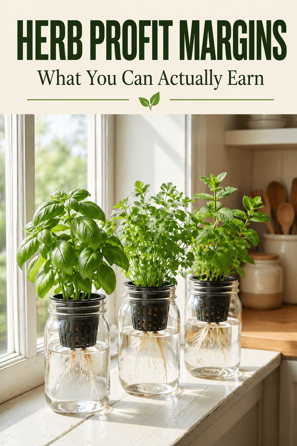 Lush basil mint and cilantro plants in terracotta pots with a chalkboard showing herb profit margins and selling prices
