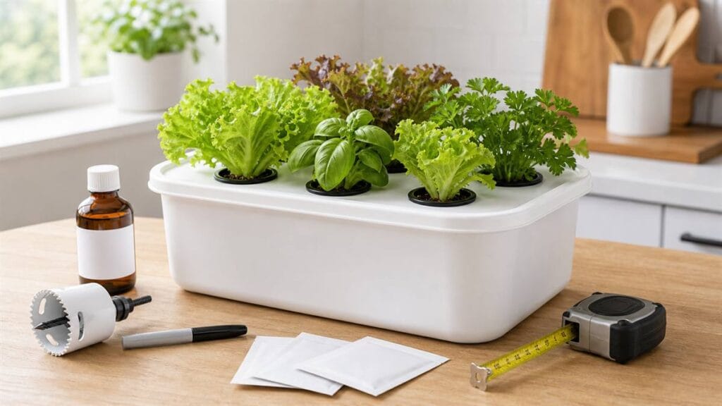 Beginner DIY hydroponic system with lettuce and herbs growing in an opaque white container beside simple tools and supplies.