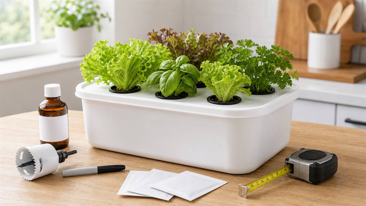 Beginner DIY hydroponic system with lettuce and herbs growing in an opaque white container beside simple tools and supplies.
