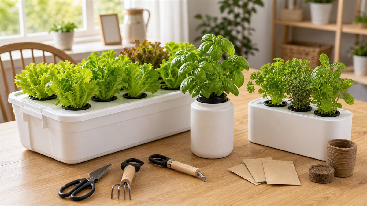 Three beginner DIY hydroponic systems with lettuce and herbs in opaque containers on a bright home table.