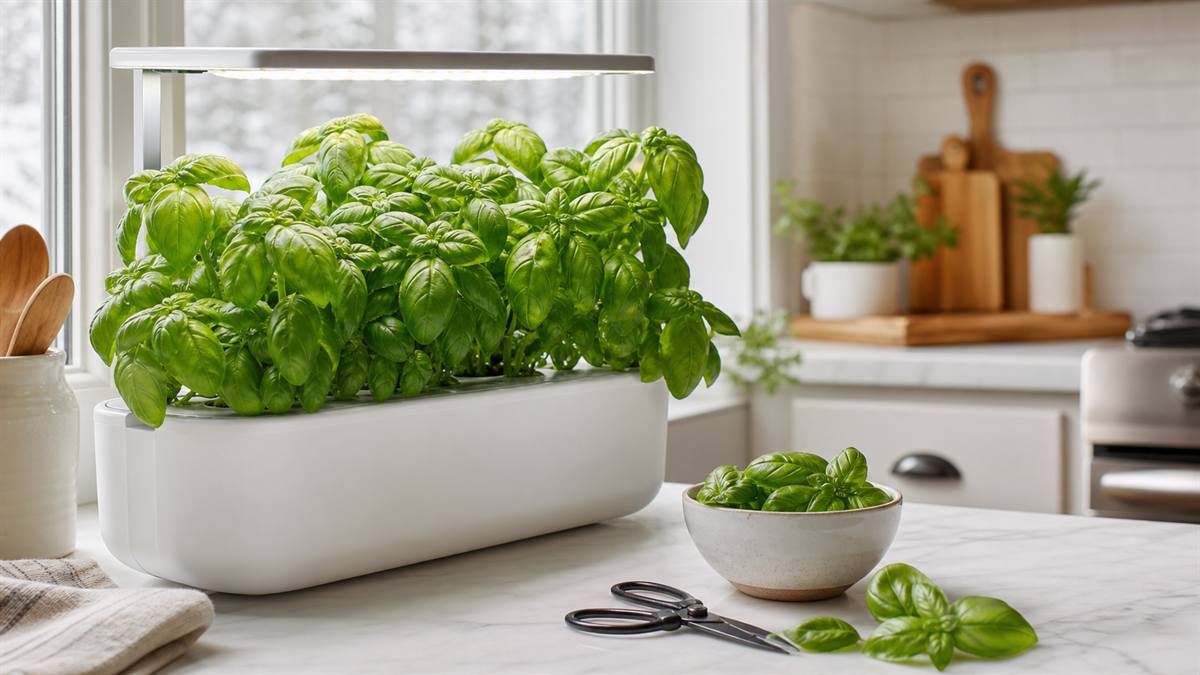 Lush basil growing indoors in an opaque white hydroponic planter with a small grow light on a bright kitchen counter.