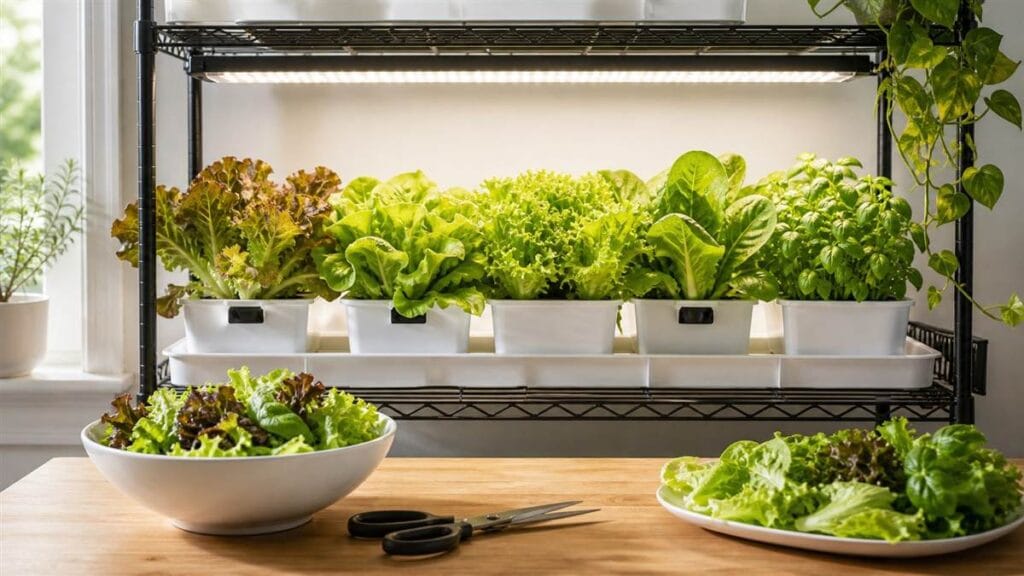 One indoor shelf of hydroponic salad greens with a fresh bowl of harvested lettuce.