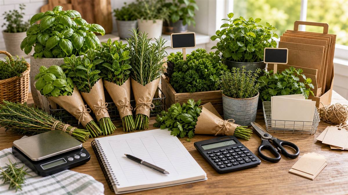 Fresh herb bundles and potted herbs with kraft sleeves, blank price cards, scale, calculator, scissors, and margin notebook.