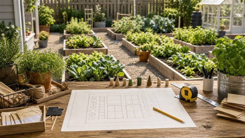 Garden layout planning table with raised beds, blank plan paper, pencil, measuring tape, and seed packets.