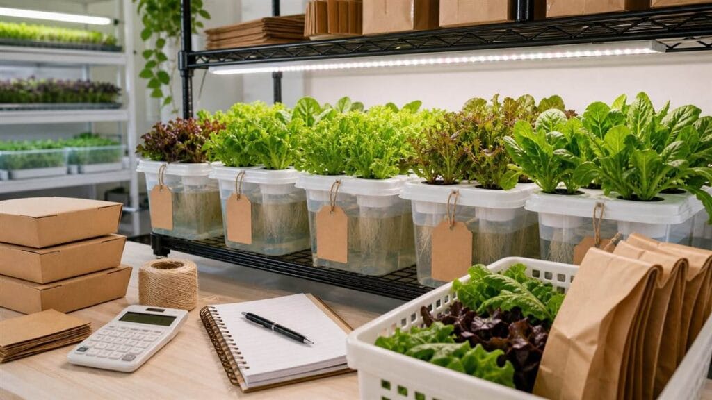 Hydroponic mini farm totes prepared for a local greens side hustle from home.