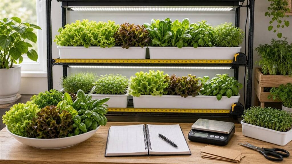 Opaque hydroponic trays of lettuce and herbs on a grow shelf with measuring tape, harvest bowl, scale, and yield notebook.