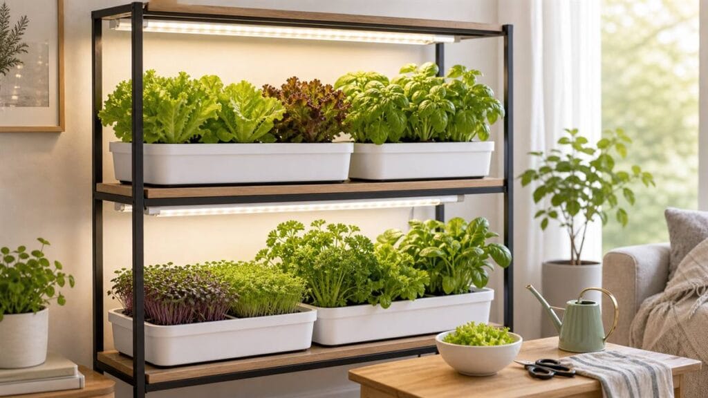 Small indoor hydroponic garden shelf with lettuce, basil, herbs, and microgreens growing in opaque white trays under LED lights.