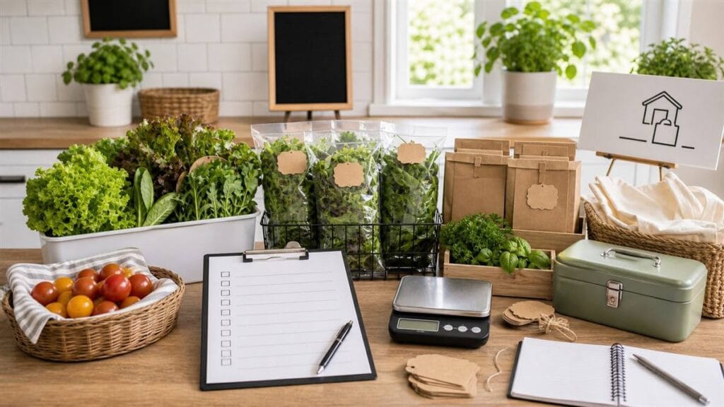 Home produce sales setup with fresh vegetables, kraft bags, blank labels, scale, and checklist clipboard.