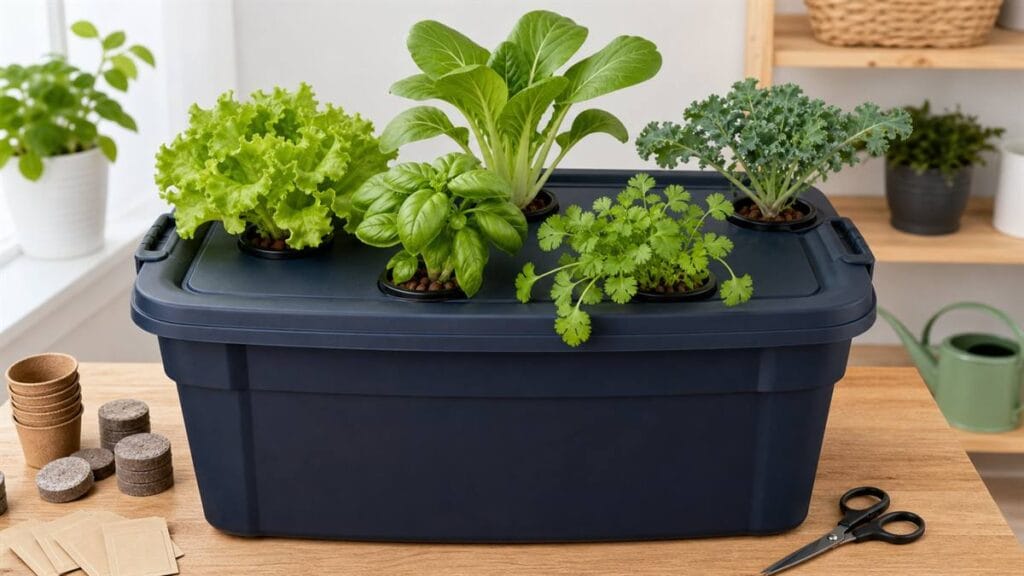 Lettuce, basil, bok choy, cilantro, and kale growing from an opaque dark storage tote hydroponic system.