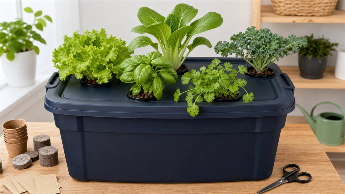 Lettuce, basil, bok choy, cilantro, and kale growing from an opaque dark storage tote hydroponic system.