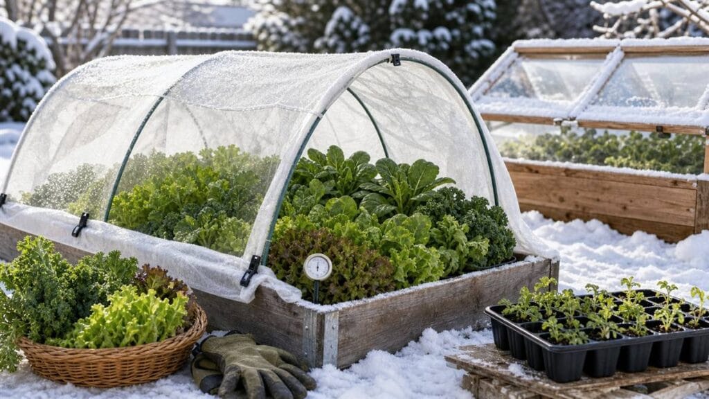 Winter garden cold frame with leafy greens, frost cloth, seedlings, and snow around the raised bed.