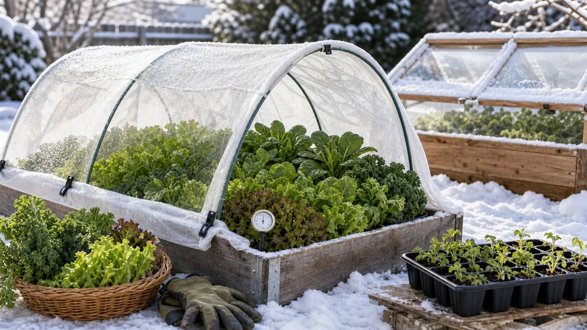 Winter garden cold frame with leafy greens, frost cloth, seedlings, and snow around the raised bed.
